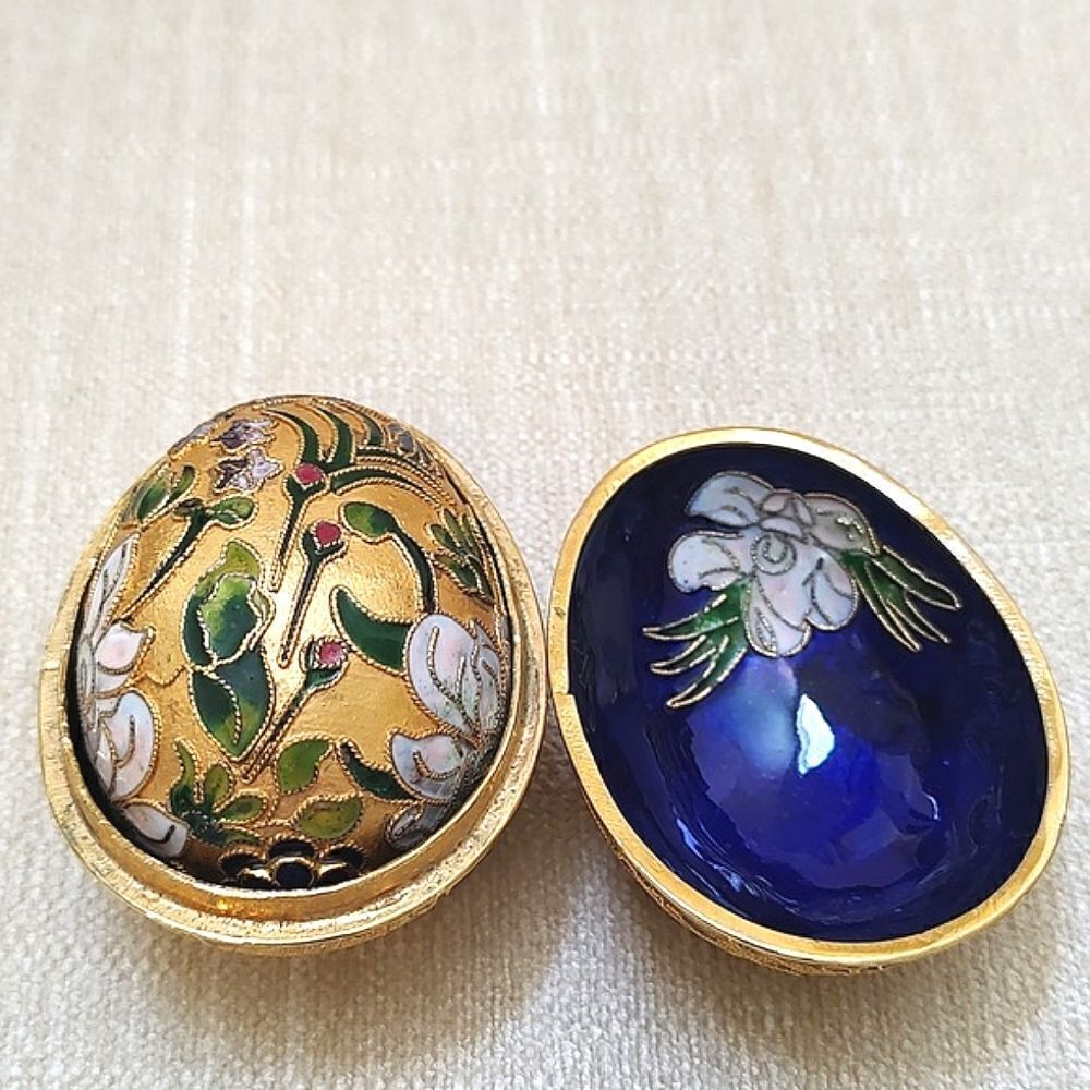 Cloisonne Gold Nesting Egg and Box Hand Painted Enamel Floral and Bird Vintage